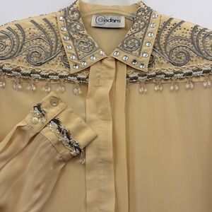 Cedars Silk Blouse Womens Large Ivory Beaded Embroidered Crystal Embellished Top